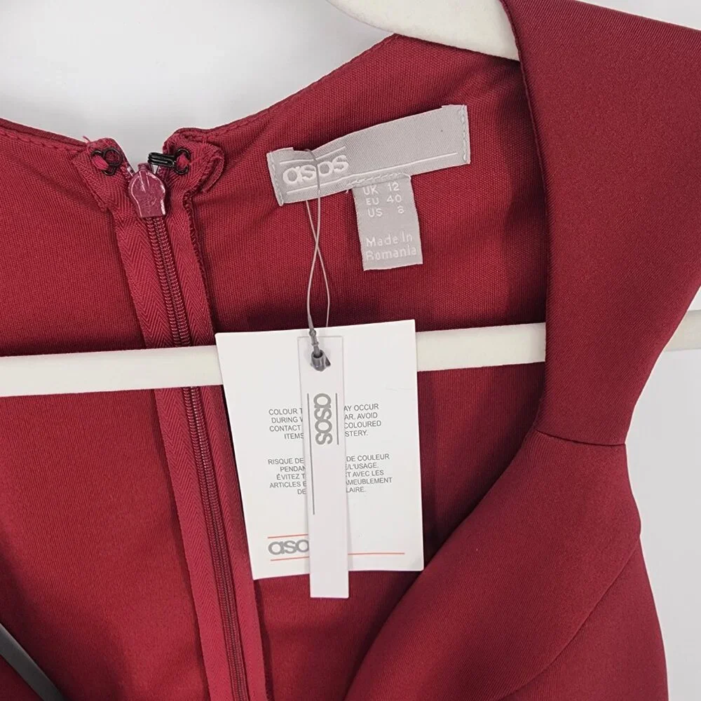 ASOS Fit & Flare Mini Dress 8 Cocktail Plunge V Neck Skater Embellished Burgundy - Picture 6 of 11